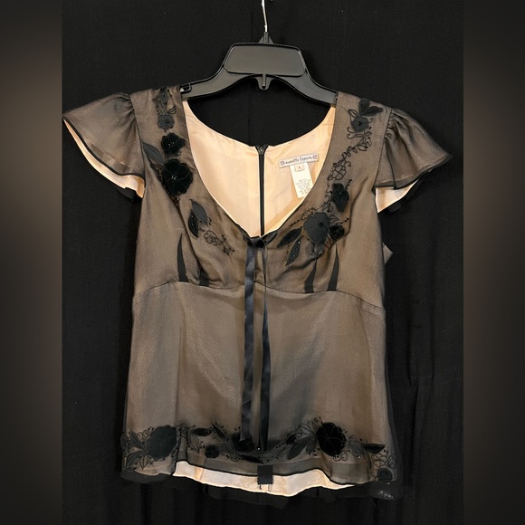 Nanette Lapere - sheer black top with pink satin liner and floral embellishment. - Picture 1 of 3